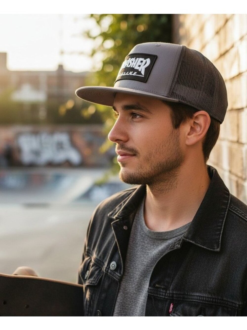 Thrasher Magazine YP Flat Bill Trucker Hat Mesh Back Snapback Charcoal/black - Picture 2 of 5
